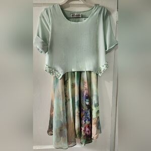 GaoJi Fashion Green High Low Sundress with Cuffed Sleeves